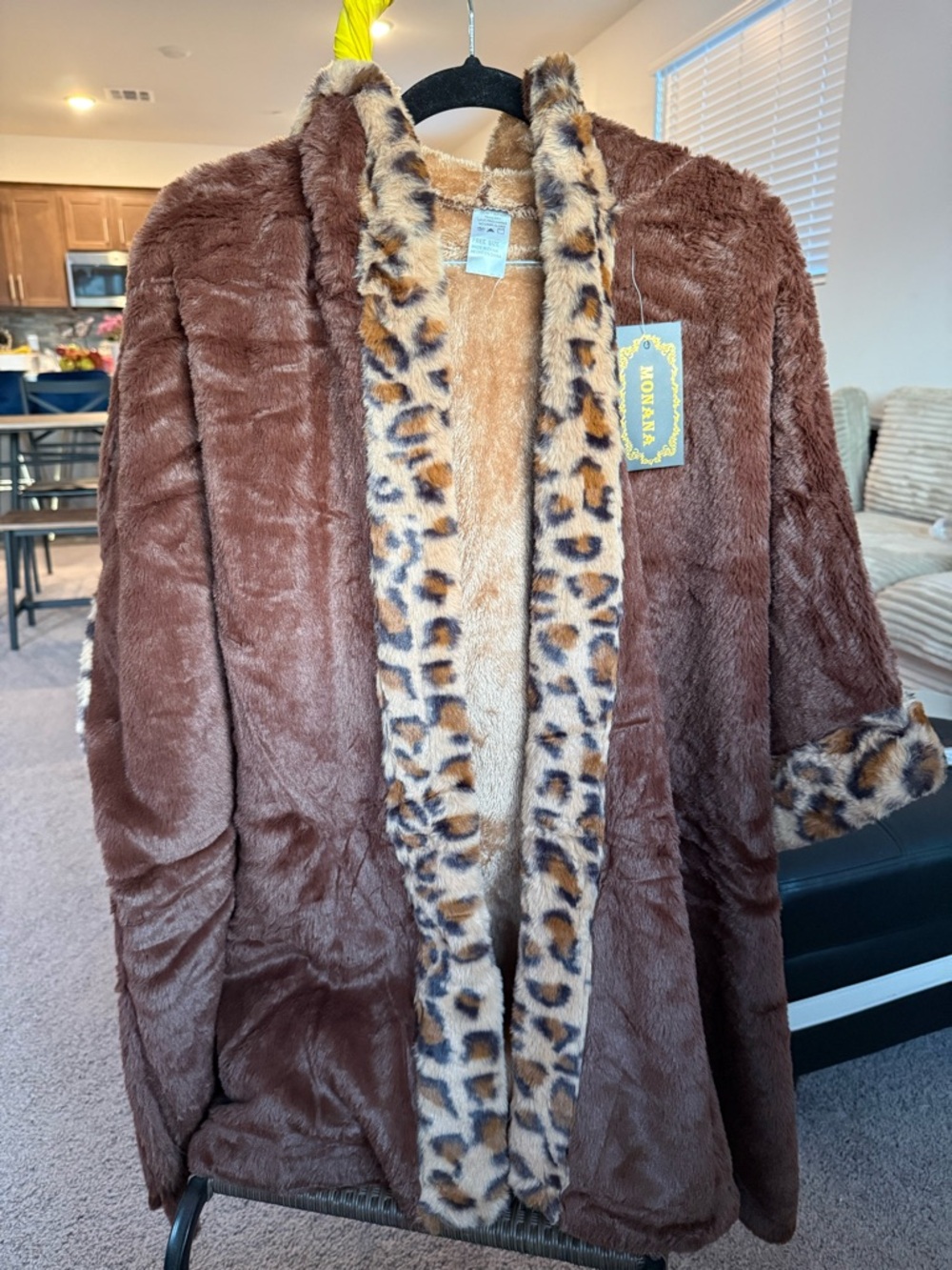 Brown Faux Fur Coat or Robe with Leopard Trim